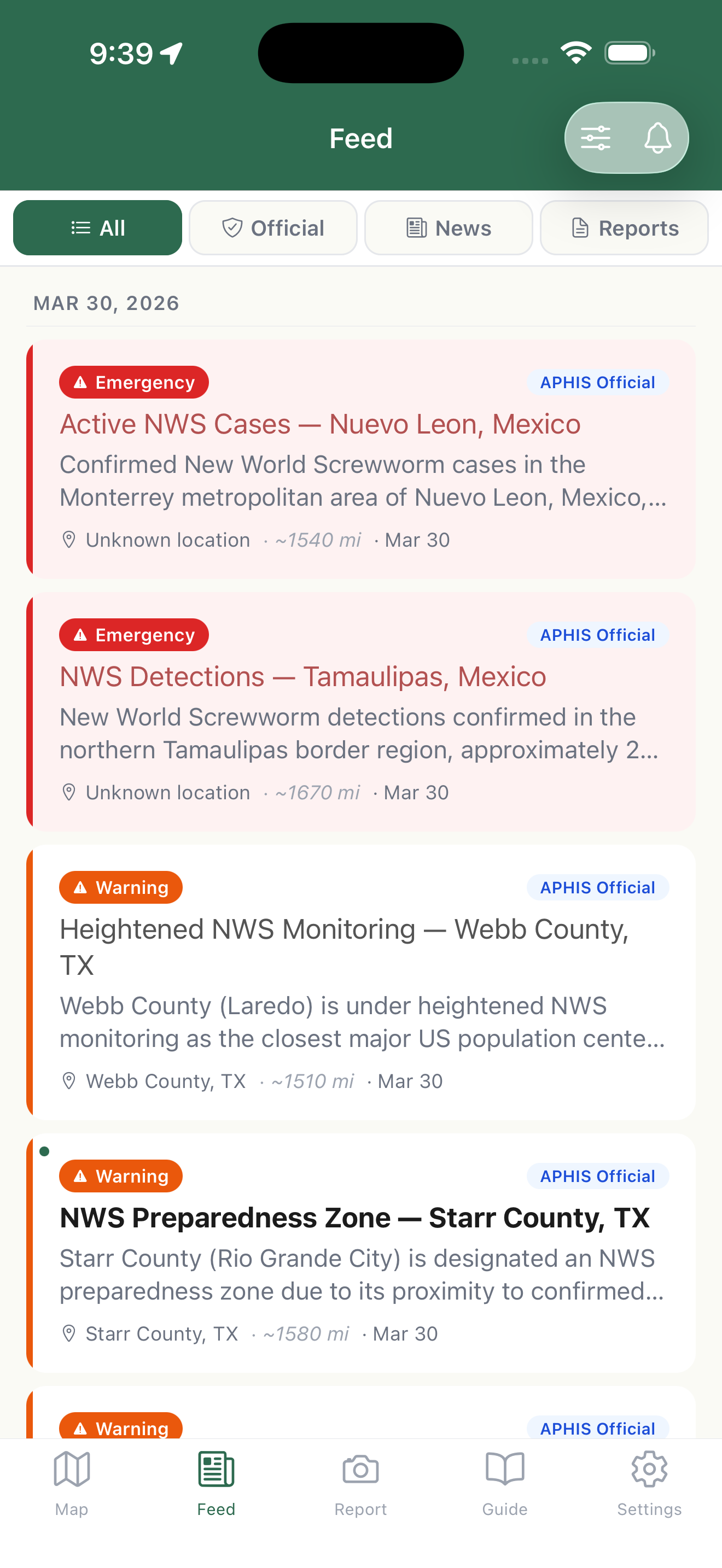 News feed showing classified articles with severity badges