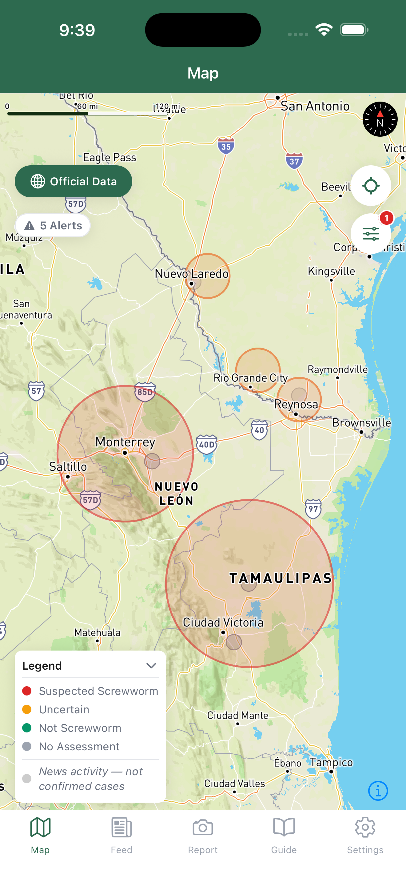 Screwworm Tracker map showing outbreak alerts near the US-Mexico border