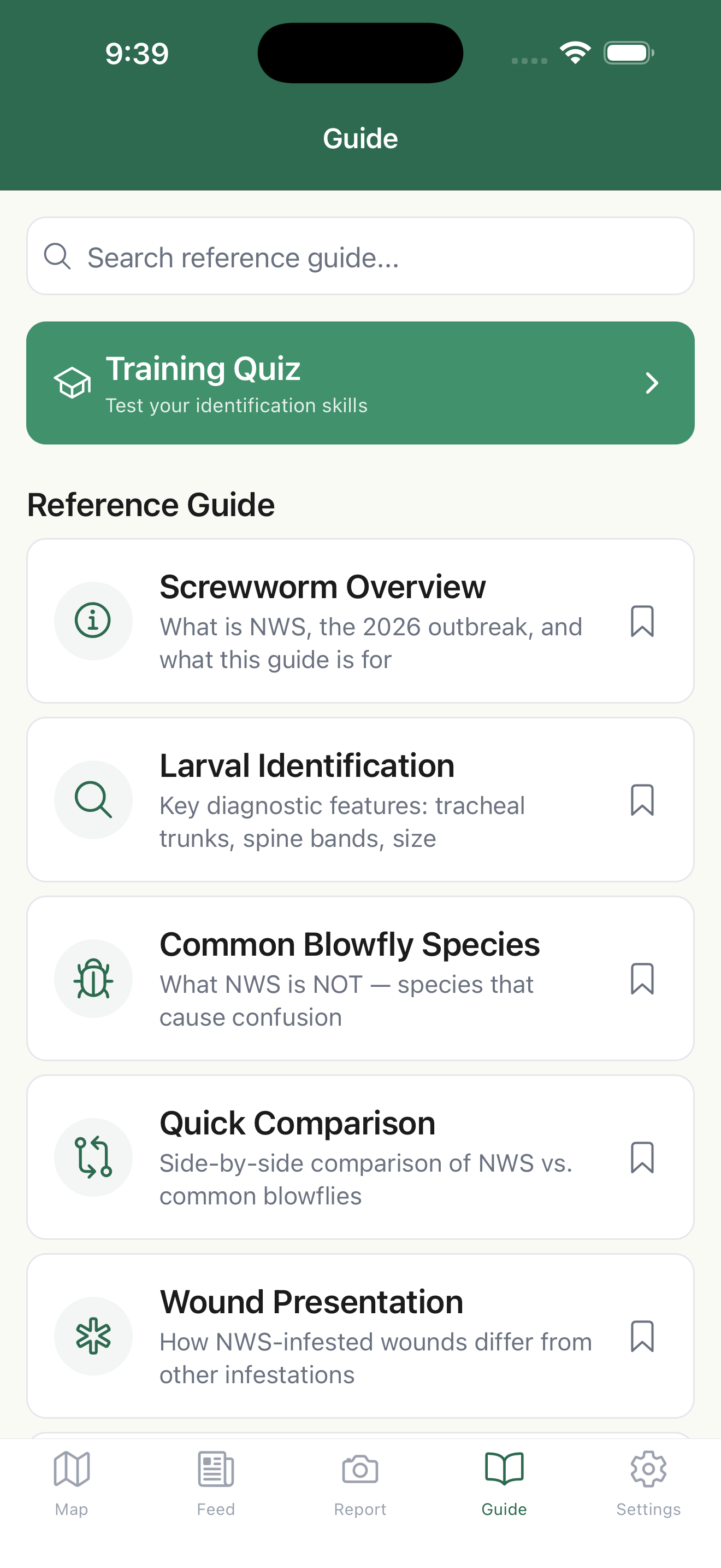 Reference guide with identification topics and training quiz