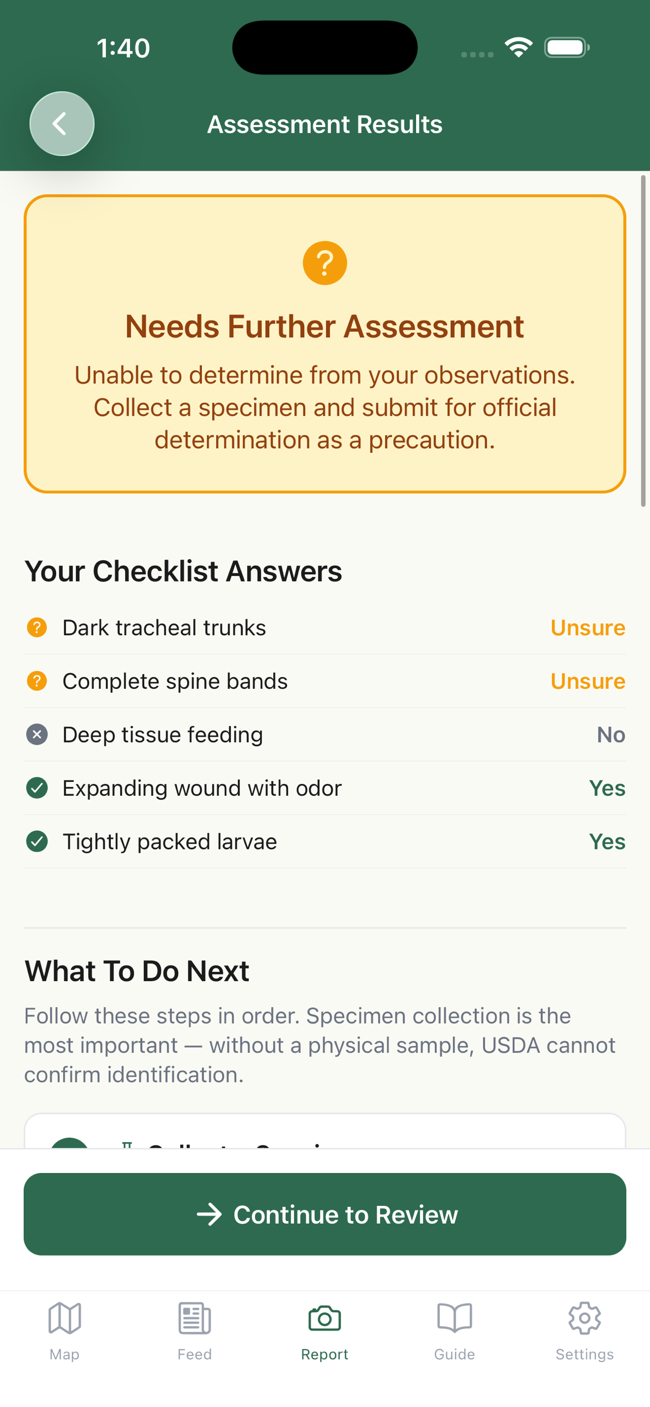 Assessment results showing triage recommendation