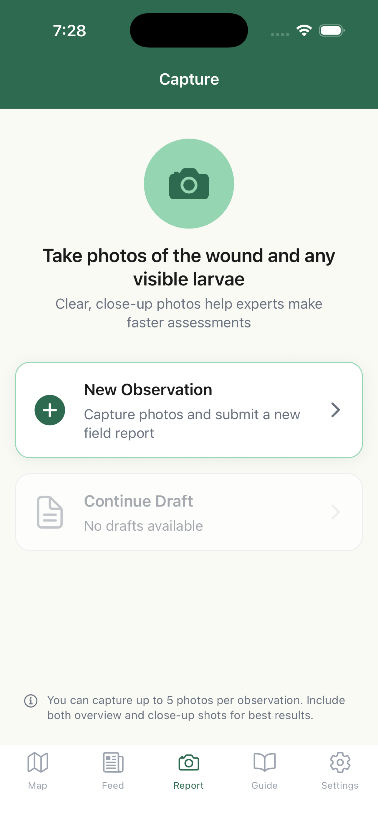 Capture screen showing camera prompt